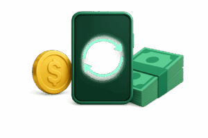 a green phone with a circle and a stack of money