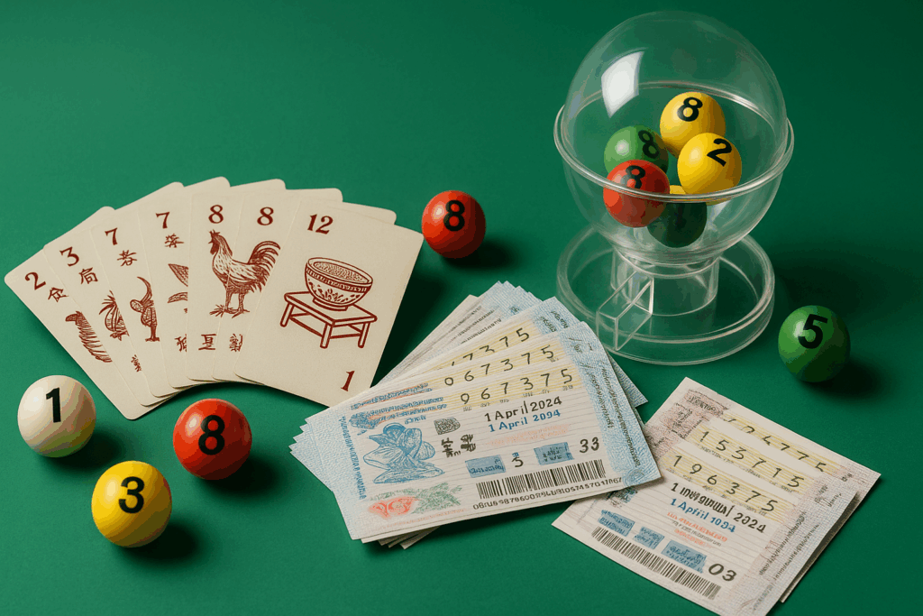 a game cards and balls on a table and lottery